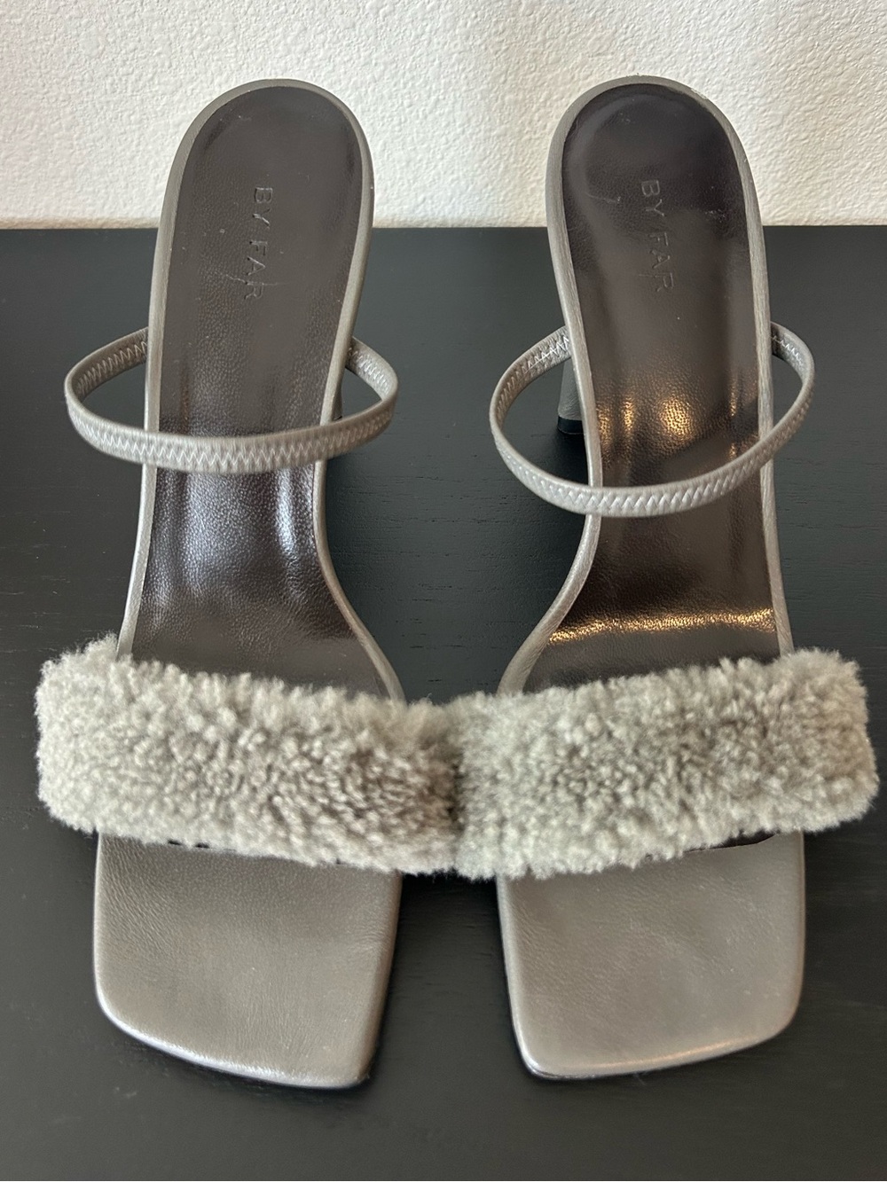 BY FAR Gray Shearling Strap Heeled Sandal - Picture 3 of 10